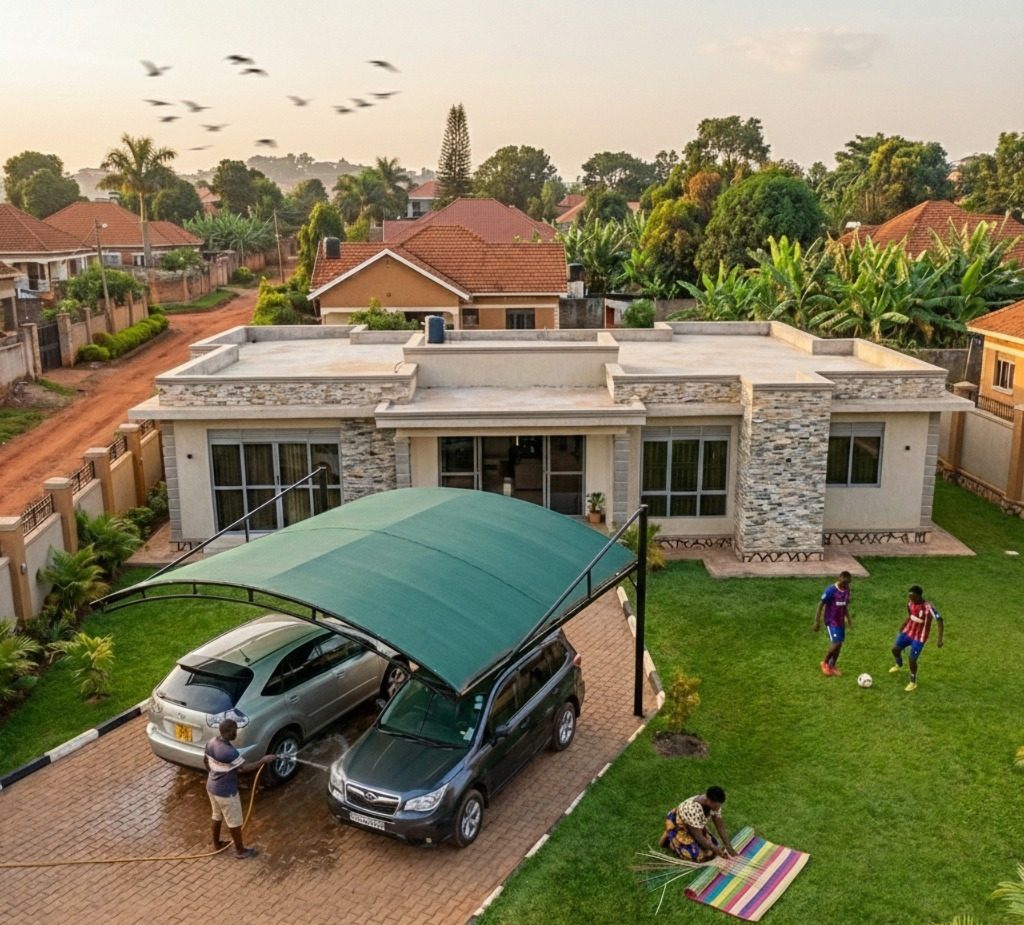 Aerial view of a single-storey family house in Gayaza with stone-clad columns, a flat roof, a shaded carport and a large lawn where children play football.